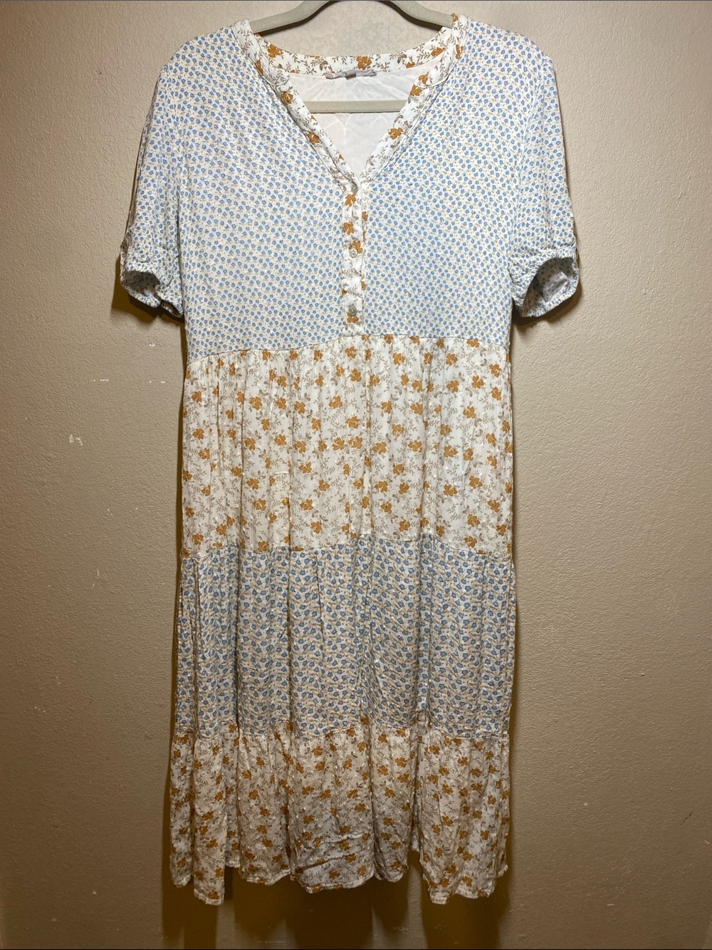 My Michelle Blue and Cream Floral Tiered Midi Dress with Mustard Accents